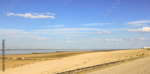beautiful sand beach along scheldt river in zeeland  holland in springtime with a blue sky