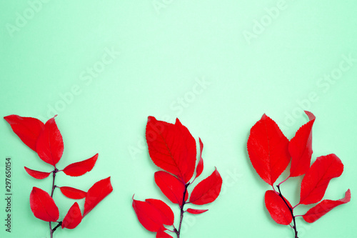 Autumn composition, place for inscription. Three branches with red leaves, plum, on a light blue background. Flat lay, top view, copy space