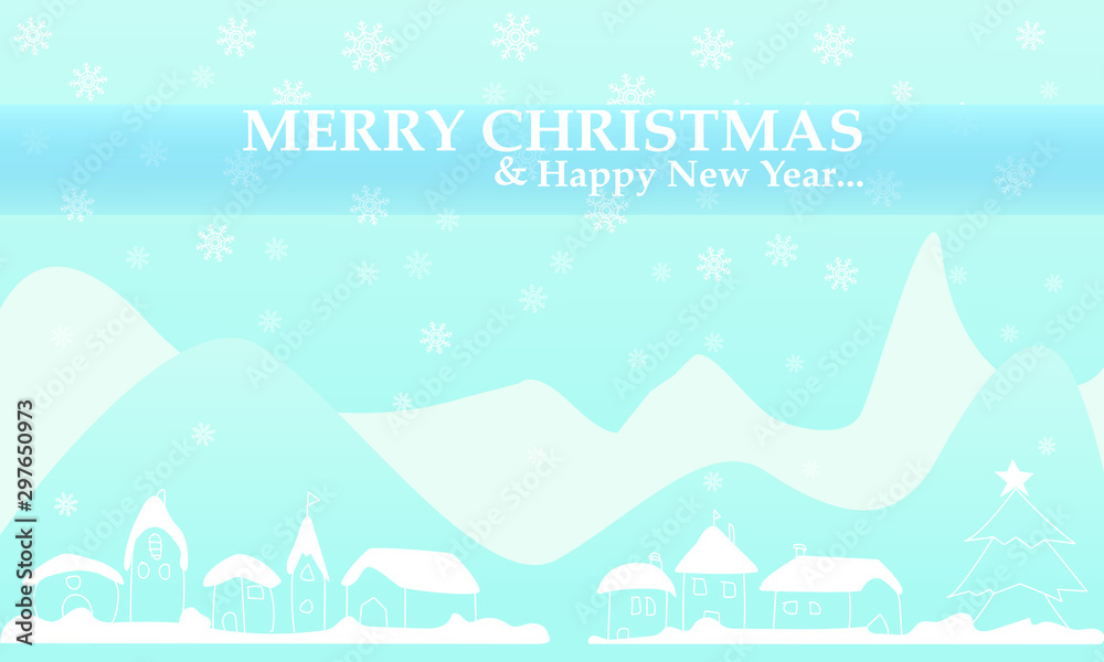 Merry Christmas and Happy New Year. Natural Winter Christmas background with sky, heavy snowfall, snowflakes in Village.