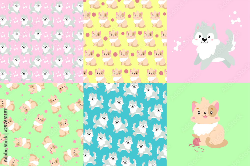 Big vector set patterns with cat and dog. Four patterns. Two patterns with a cat, two with a dog. The set contains separate images of a cat and a dog. Different backgrounds and textures. Big vector set patterns with cat and dog. Four patterns. Two patterns with a cat, two with a dog. The set contains separate images of a cat and a dog. Different backgrounds and textures.