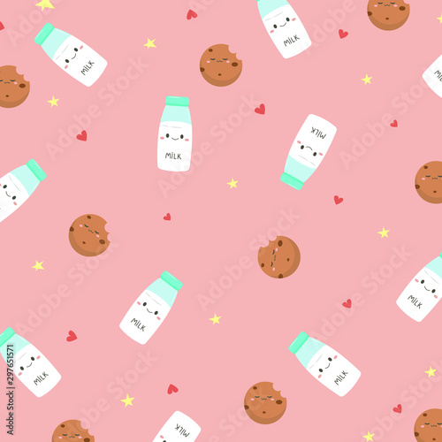 Vector kawaii pattern with milk and cookies on a pastel pink background with stars and hearts. Pattern of elements located in different directions. Happy milk and cute cookies.