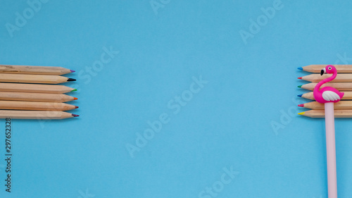 Back to school concept. School and office supplies on office table. Flat lay with copy space.