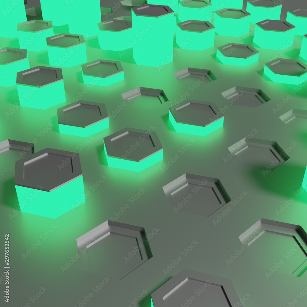 Abstract hexagons pieces emerald light and metalic 3d