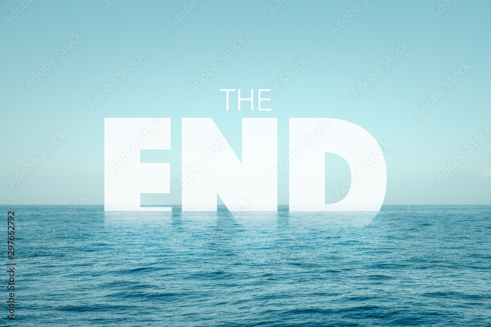the end text in water with ocean background climate change concept