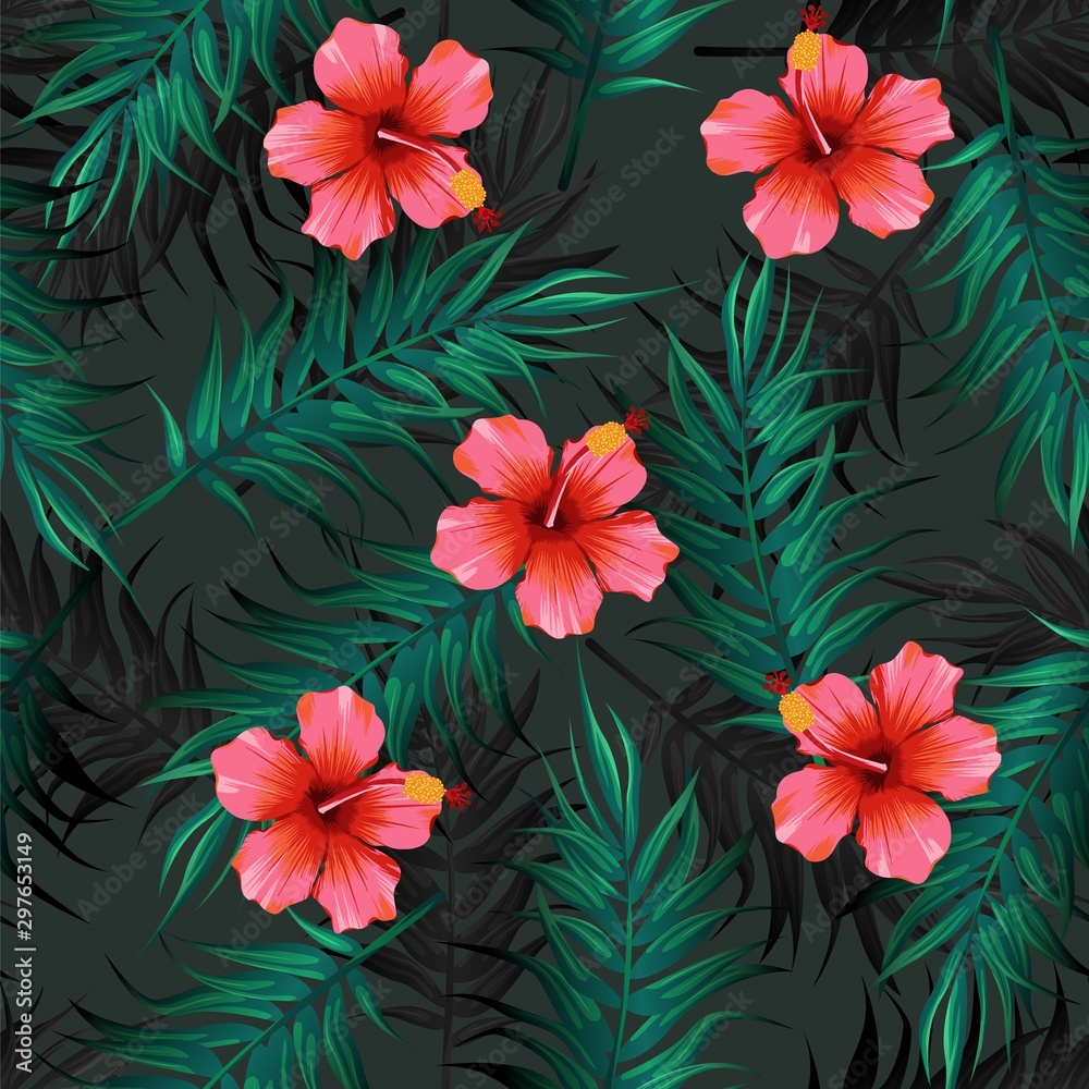Bright tropical seamless pattern with jungle plants. Exotic background with tropical leaves. Vector