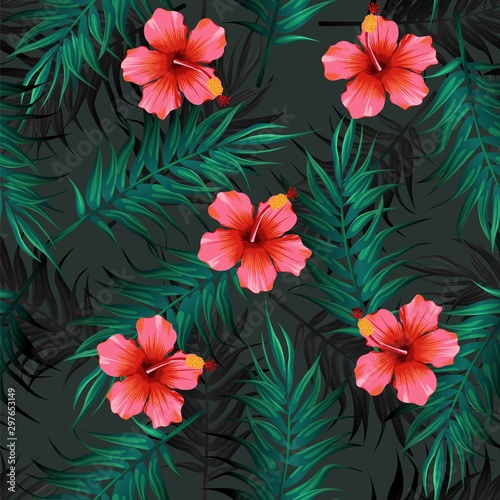 Bright tropical seamless pattern with jungle plants. Exotic background with tropical leaves. Vector