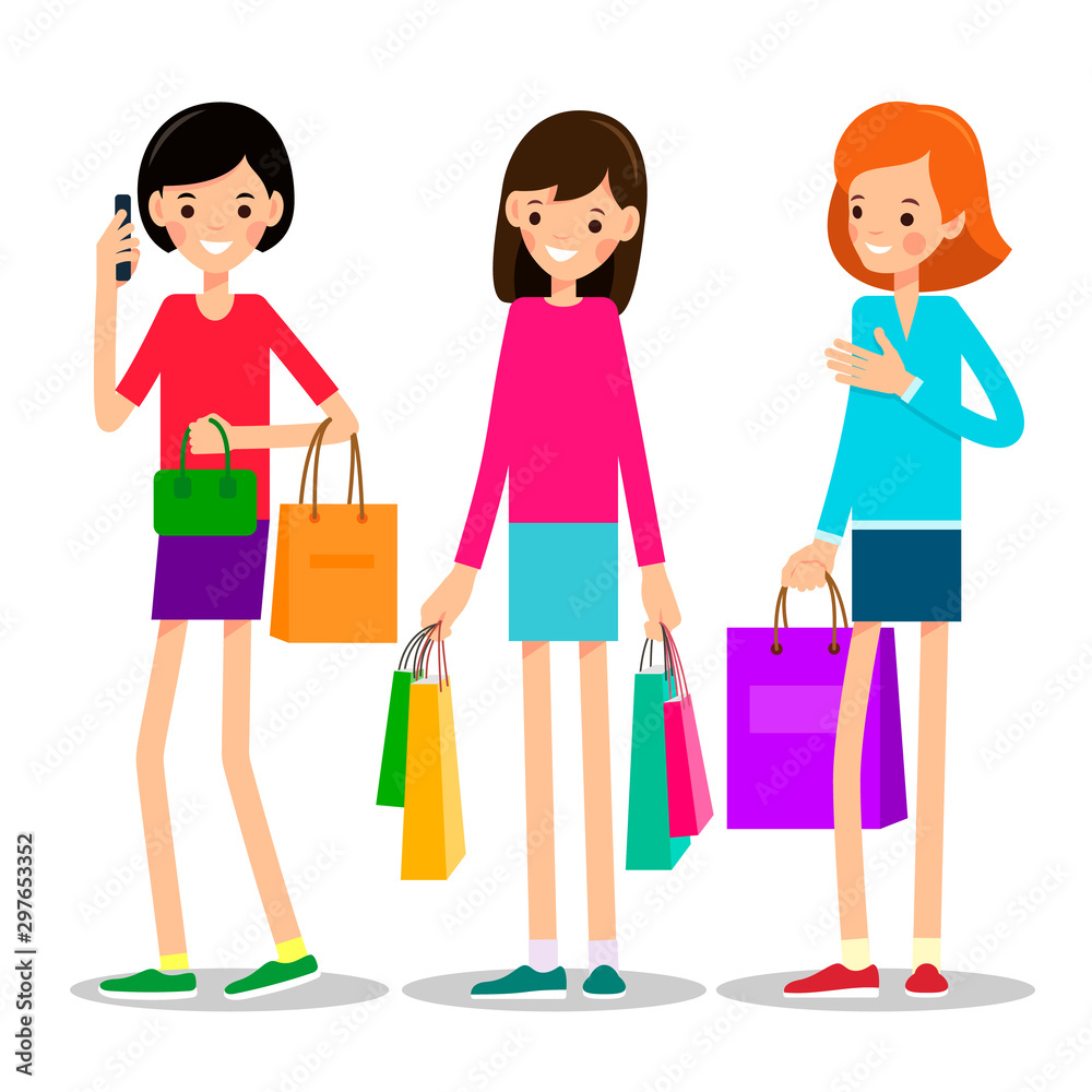 Woman with shopping bags. Beautiful girls with shopping bags, great design for any purposes. Fashion and style. Illustration in shop at sale. Cartoon isolated on white background in flat style Woman with shopping bags. Beautiful girls with shopping bags, great design for any purposes. Fashion and style. Illustration in shop at sale. Cartoon isolated on white background in flat style