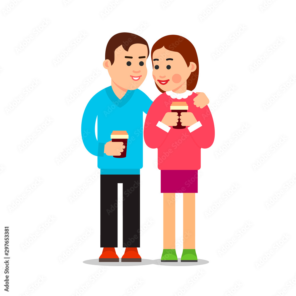 Couple drinking coffee. Young boy and girl met and spoken. Friendly meeting. Attractive woman smiling boyfriend. Friends talking during break with cups tea. Illustration on background in flat style