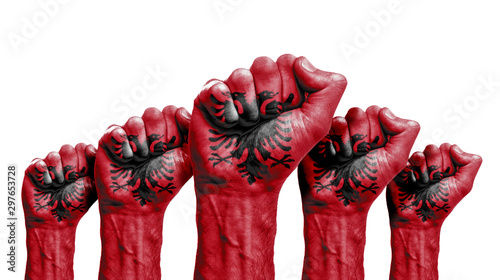 Tablou pe pânză A raised fist of a protesters painted with the albania flag