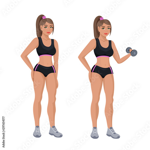 Athletic beautiful girl holding a dumbbell in her hands, healthy lifestyle, beautiful figure, proper nutrition, weight loss.