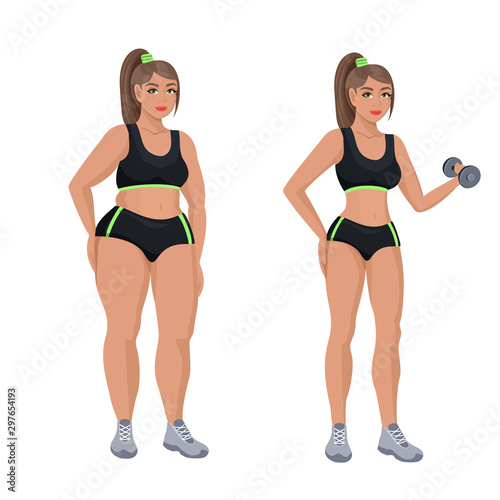 Fat girl lost weight thanks to the sport and diet. Slender girl next to fat. Proper nutrition, healthy lifestyle.
