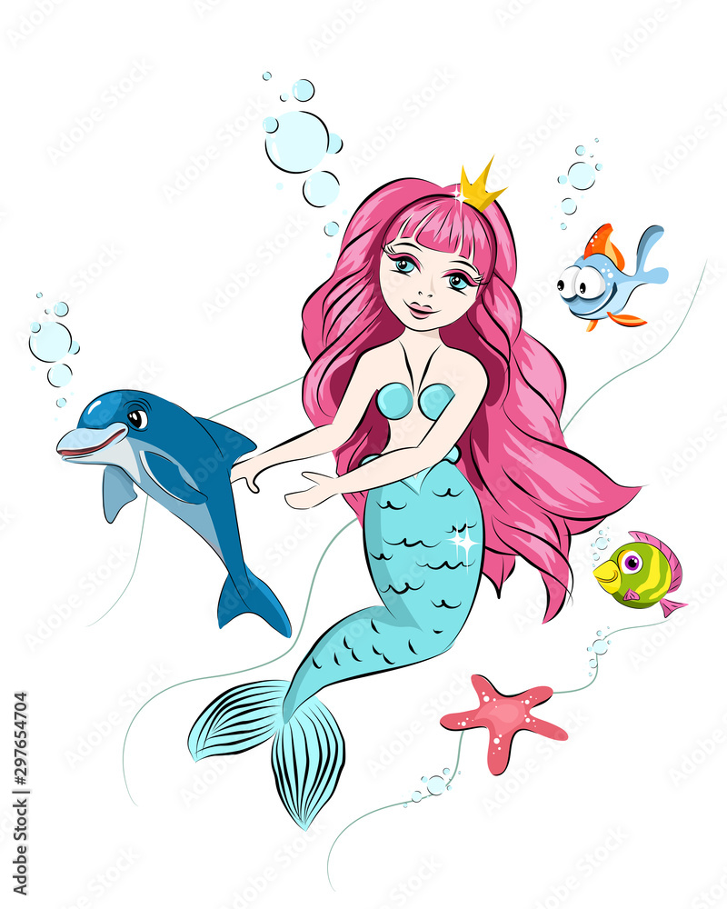 Cute mermaid and marine life, fish, dolphin. Print for t-shirts and baby clothes, cards, posters and any design.