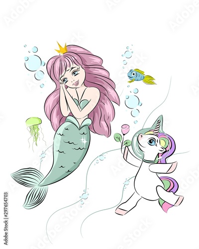A beautiful mermaid and a unicorn. The unicorn swims with a mermaid and gives her a flower. Postcard with a mermaid. Style doodle. Print for t-shirts and baby clothes, cards, posters and any design.