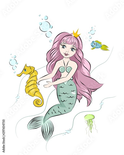  Cute mermaid and marine life, fish, seahorse. Print for t-shirts and baby clothes, cards, posters and any design.