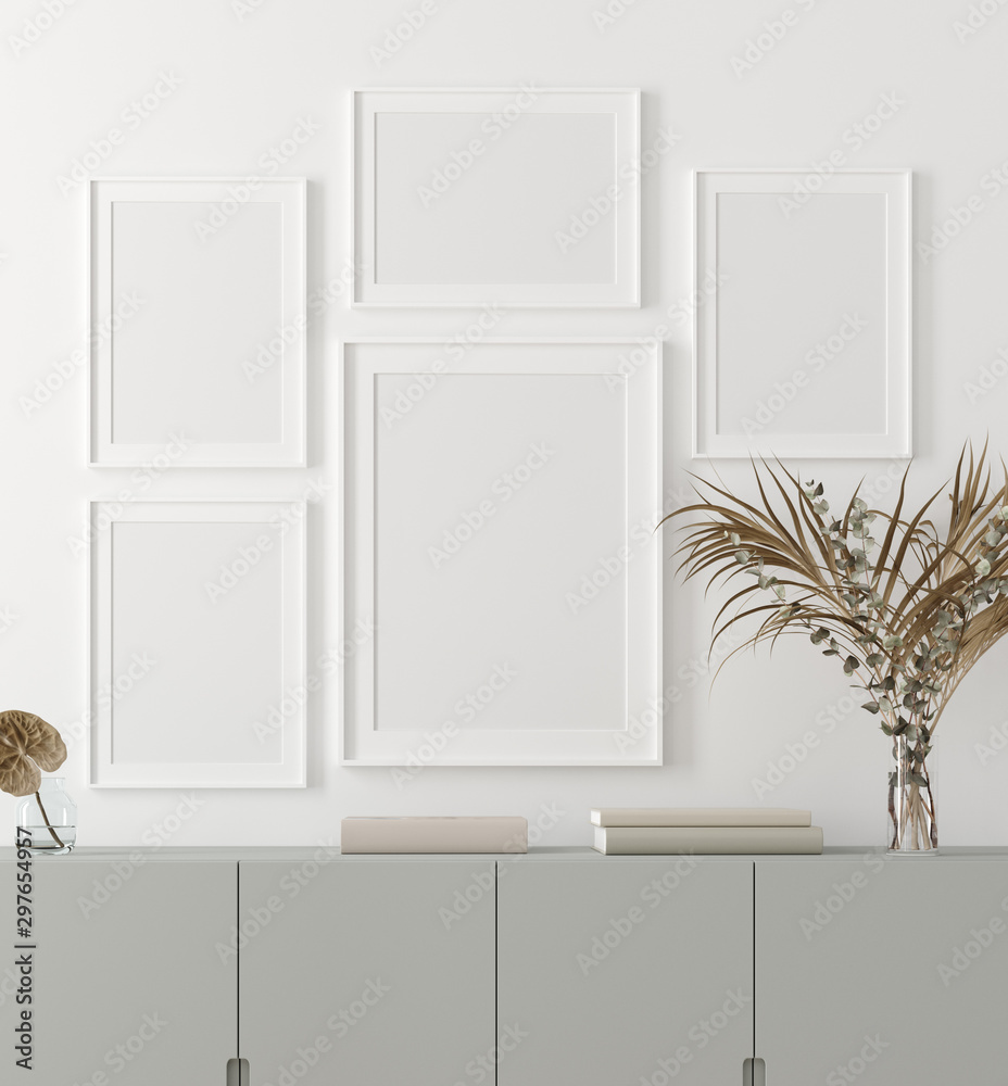 Mock-up poster frame with plants and chest of drawers standing near wall, Scandinavian style, 3d render Mock-up poster frame with plants and chest of drawers standing near wall, Scandinavian style, 3d render
