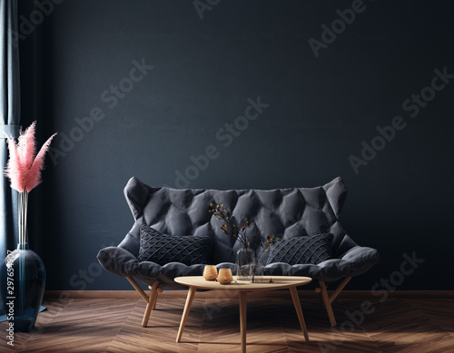 Home interior, luxury modern dark living room interior, black empty wall mock up, 3d render