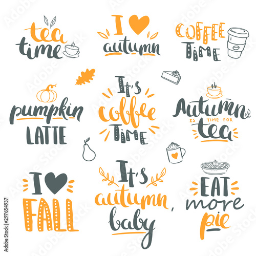 Autumn lettering for coffee shops and cafes. Lettering concepts for autumn holidays related to tea, coffee, and deserts. Tea time, coffee time, autumn tea, pumpkin latte, eat pie, etc.