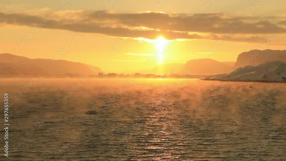Misty stormy sea in a severe frost. The Barents Sea
