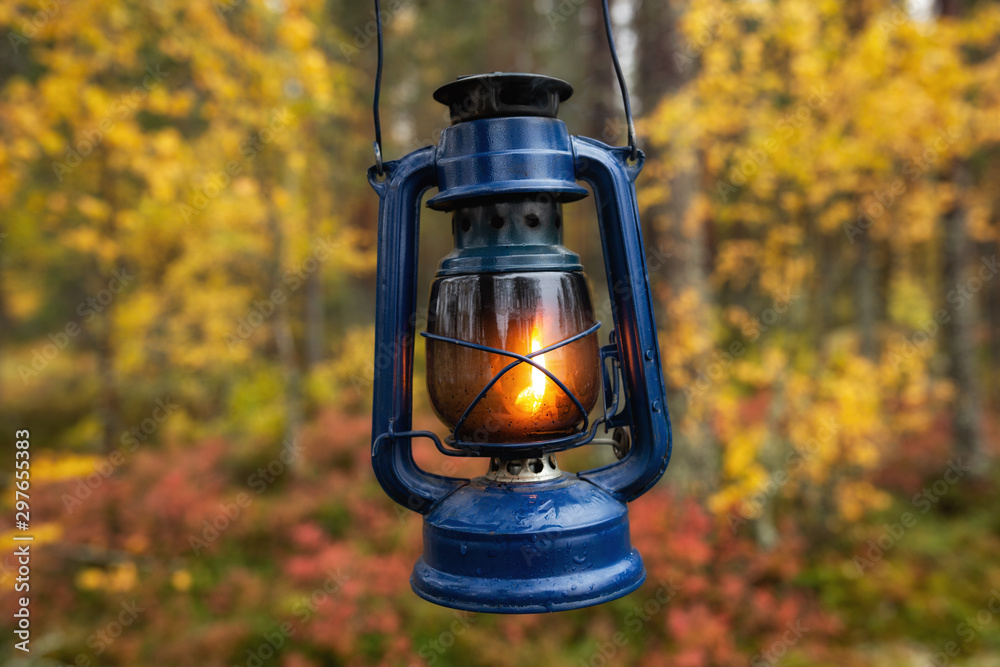 Mystical scene with old blue hurricane camping kerosene lantern in forest. Magic lantern lighting.  Autumn season. 