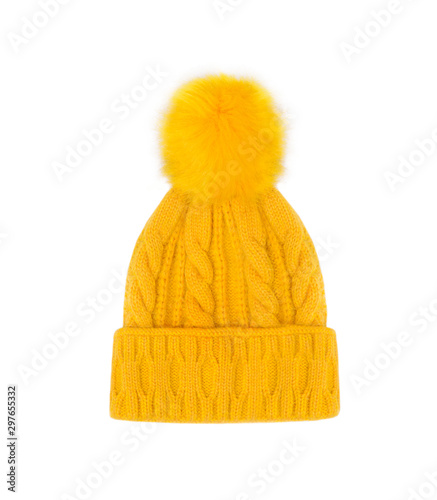 Yellow knitted hat isolated on white background