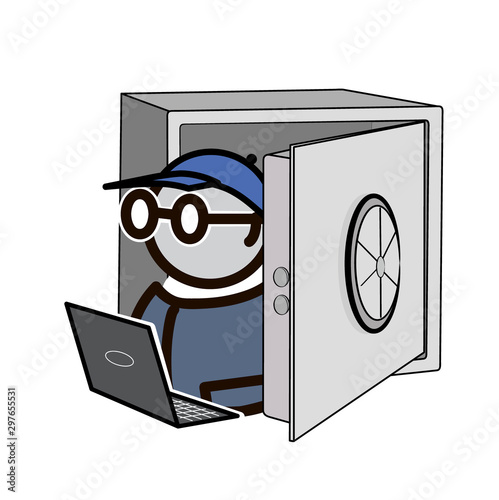 Bank deposit box and burglar opening safe box. Vector illustration. Flat design.