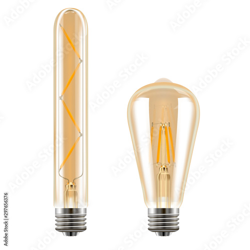 Edison bulb. Vintage lightbulb set. Electricity retro lamp illustration. Realistic transparent filament with bright yellow glow. Antique luminous decoration. Decorative flash for ceiling