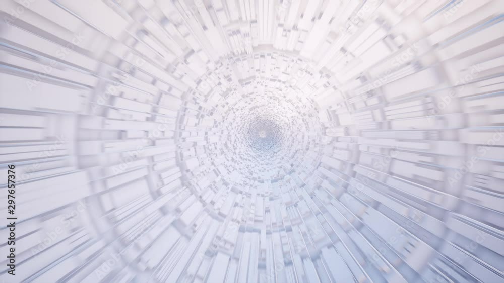 Inside white tunnel looped animation. Realistic sci fi portal with volumetric design elements on walls seamless footage. Moving down hi tech tube video. Futuristic urban space architecture concept