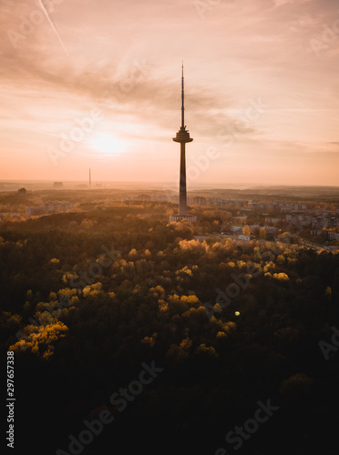 Aerial view of Vilnius TV tower, the tallest structure in Lithuania, occupied by the SC Lithuanian Radio and Television Centre.