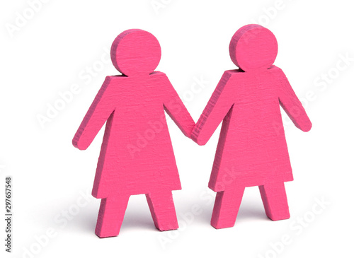 Two lesbian girls holding hands. Isolated on a white background