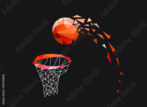 Orange basketball flying in a basket on a black background. Polygonal particles