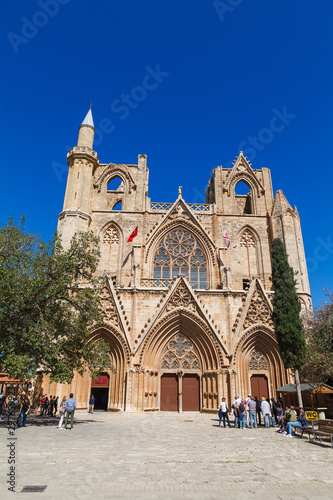FAMAGUSTA, CYPRUS - MAY 12, 2018: Lala Mustafa Pasa Mosque, North Cyprus, former cathedral