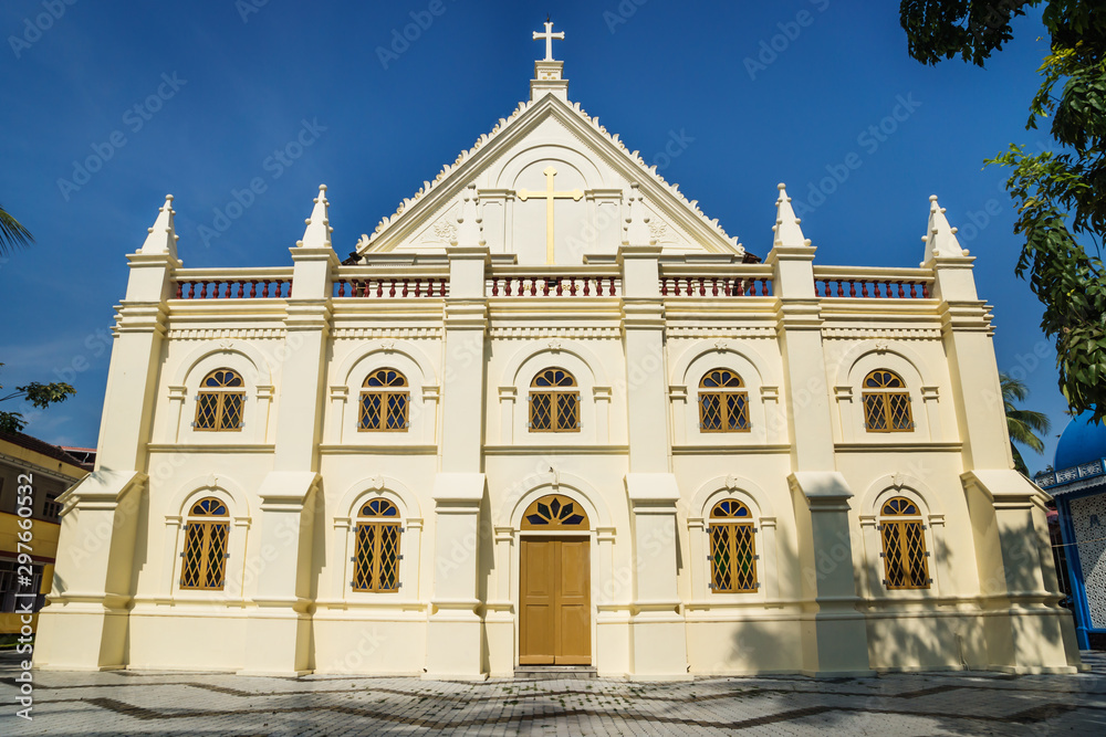 Front of Santa Cruz Cathedral Basilica white colonial church in Kochi, Kerala, India