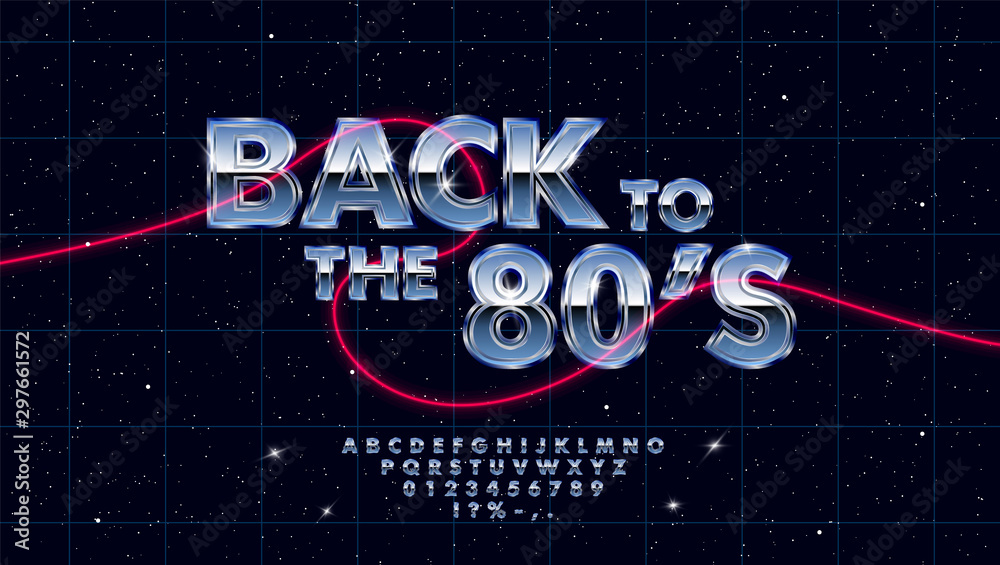 Retrowave synthwave vector font design in 1980s style. 3d and metallic gradient effect letters, numbers and symbols. Set of lens flares on dark background with laser grid in starry space. Eps 10