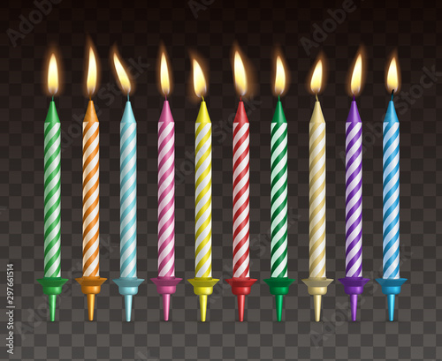 Candles for cake. Realistic vector set of burning colorful striped candles