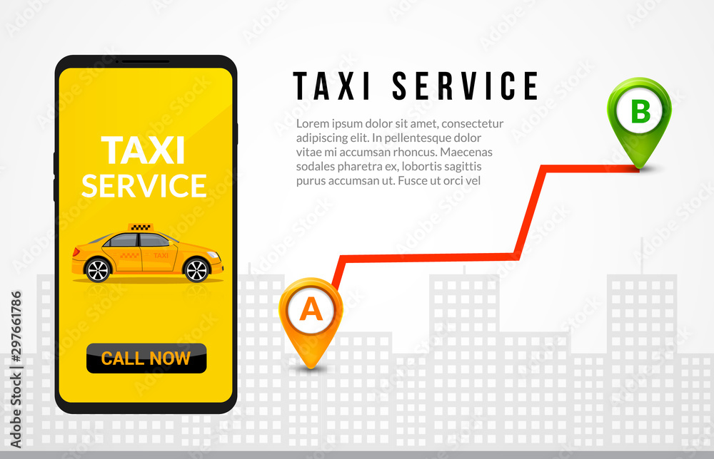 Taxi service app design. Mobile phone order taxi in city map location illustration Taxi service app design. Mobile phone order taxi in city map location illustration