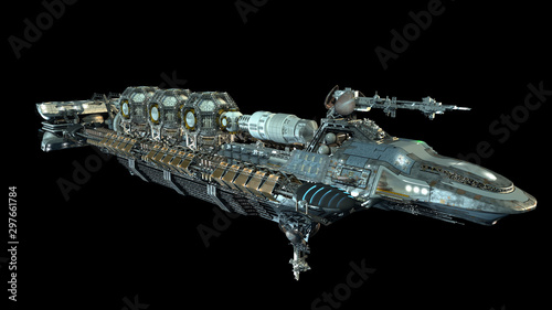3D highly detailed alien spaceship for futuristic deep space travel or science fiction backgrounds with the clipping path included in the illustration. © 3000ad