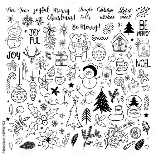 Set of Christmas elements. Snowflakes, Santa Claus, christmas tree, gifts, calligraphy, lettering, animals and other elements. Vector illustration.