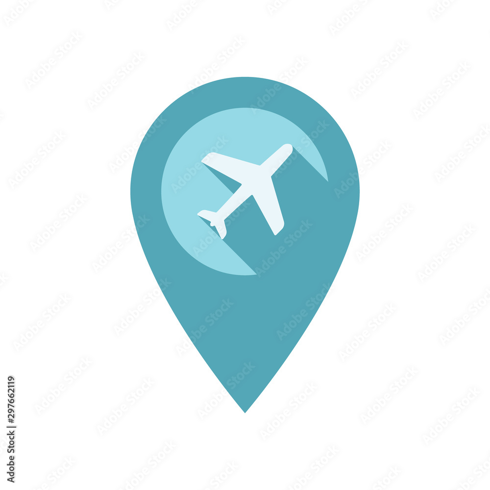 Location pin for airport with long shadow effect. Location marker with airplane colorful vector icon.