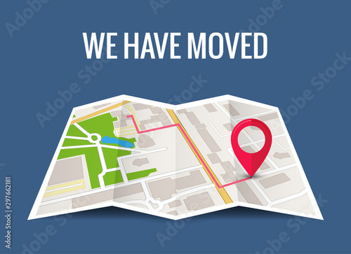 We have moved new office icon location. Address move change location announcement business home map