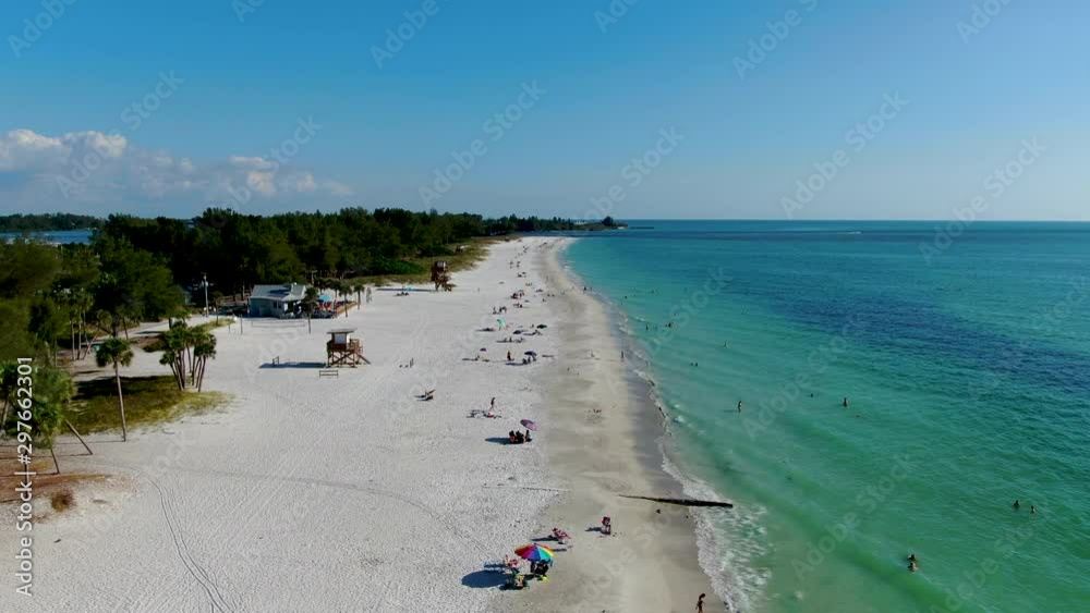 Aerial view of Coquina Beach white sand beach and turquoise water in Bradenton Beach during blue summer day, Anna Maria Island, Florida. USA