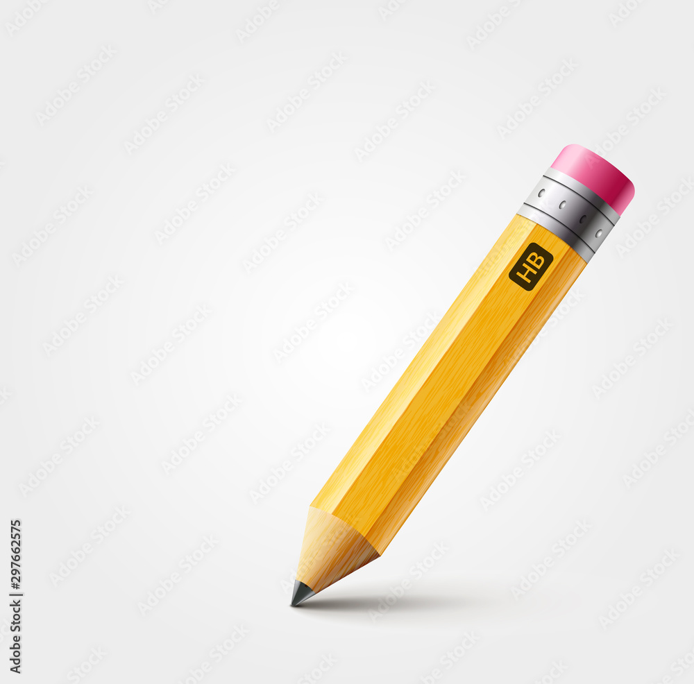 Vector short yellow pencil, Realistic pencil isolated cartoon with rubber eraser - obrazy, fototapety, plakaty 