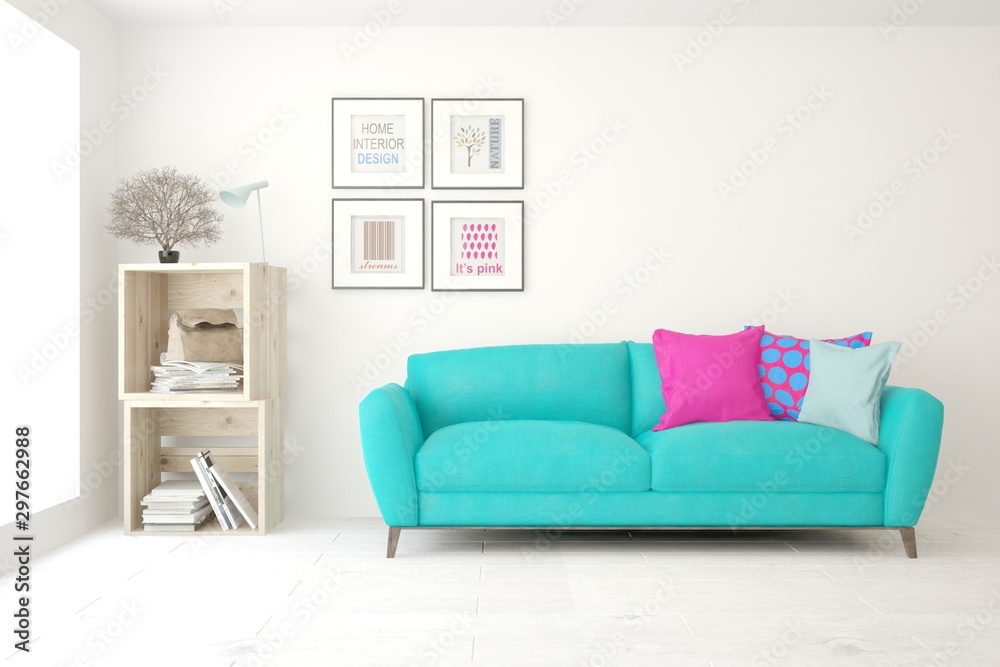 Stylish room in white color with sofa. Scandinavian interior design. 3D illustration Stylish room in white color with sofa. Scandinavian interior design. 3D illustration