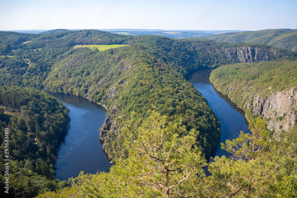 Aerial view of Vltava river horseshoe shape meander from Maj viewpoint, Czech Republic