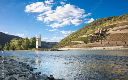 Mouse Tower with historical coloring and ruins of Ehrenfels Castle. Rhineland-Palatinate, Germany, Europe photo