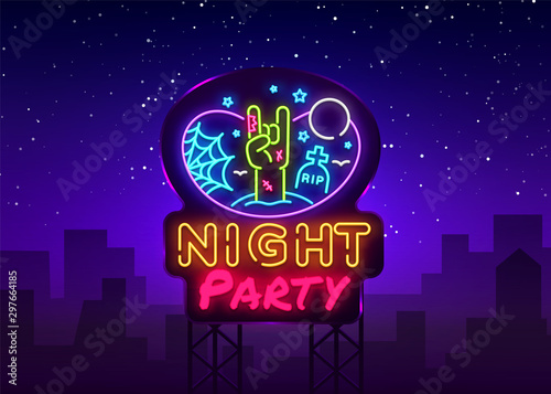 Halloween Party neon sign design template. Night Party neon poster, light banner design element colorful modern design trend, night bright advertising, bright sign. Vector illustration. Billboard