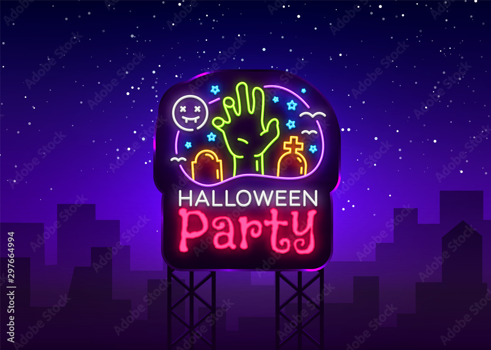 Plakat Halloween Party Billboard design template vector. Halloween greeting card, Light banner, neon style, night bright advertising. Zombie hand. Vector illustration