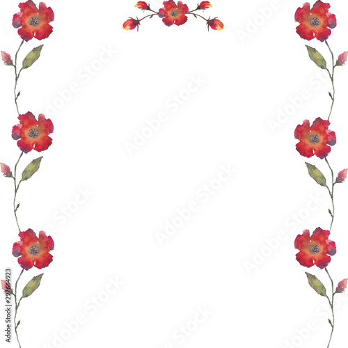 Square frame made of watercolor red flowers on a white background. Use for invitations, greetings, birthdays and weddings. © Irina Anis