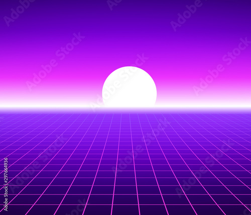 Synth wave retro grid background. Synthwave 80s vapor vector game poster neon futuristic laser space arcade