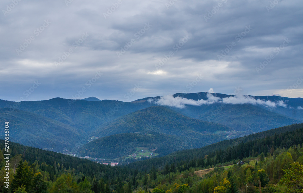 Mountain landscape with smoke fog and clouds over the rocks. Mountain landscape with smoke fog and clouds over the rocks.
