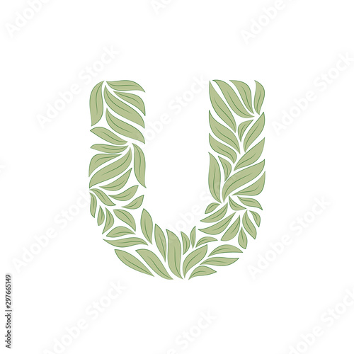 Ornamental letter U isolated on white background on white. Vector illustration